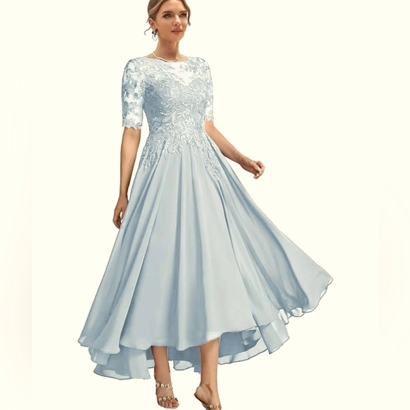 stacees Dresses & Skirts - Tea Length Half Sleeve Embroidered and Beaded Evening Cocktail Dress